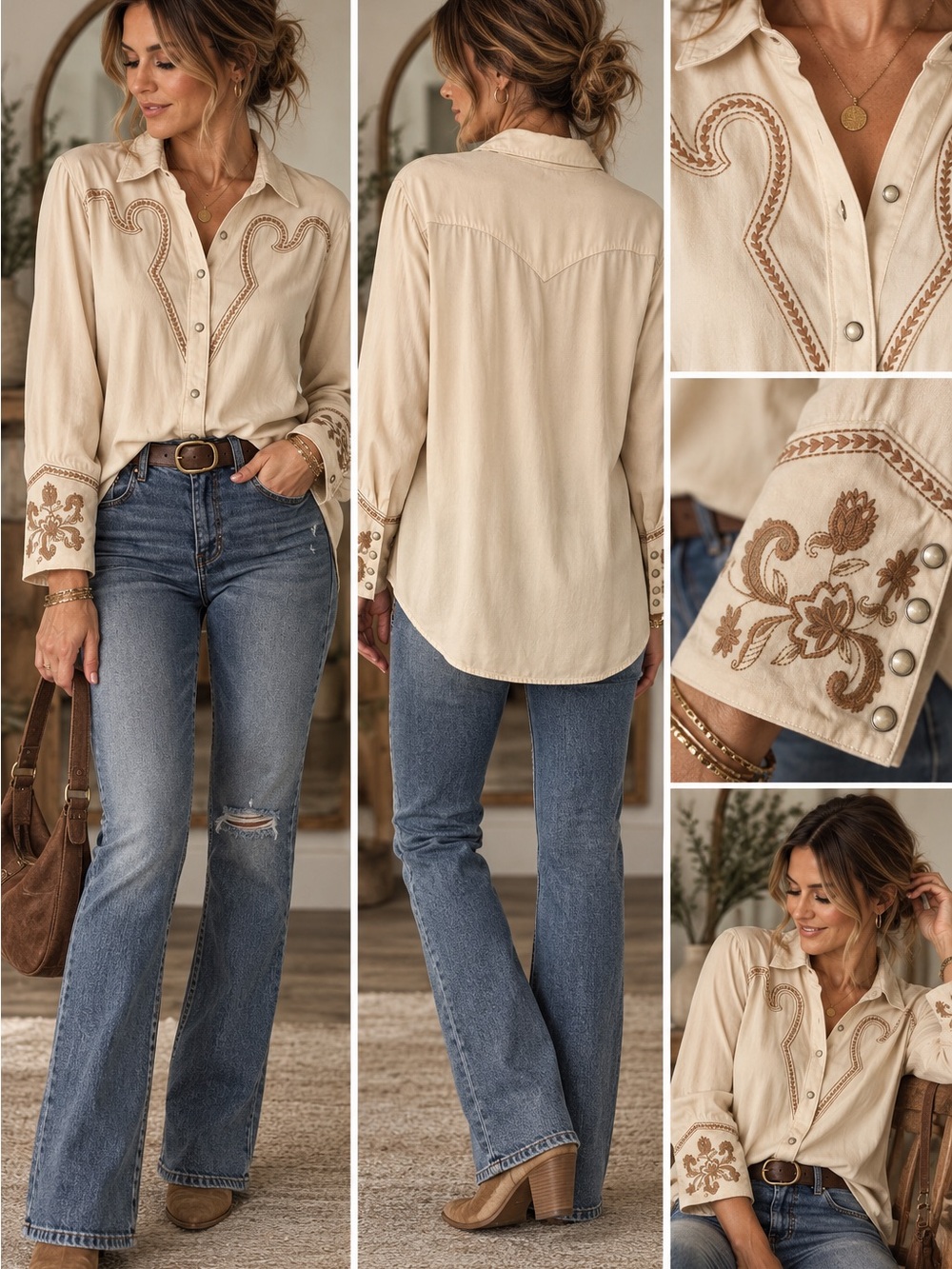 Wrangler Cream Embroidered Western Button-Down Shirt